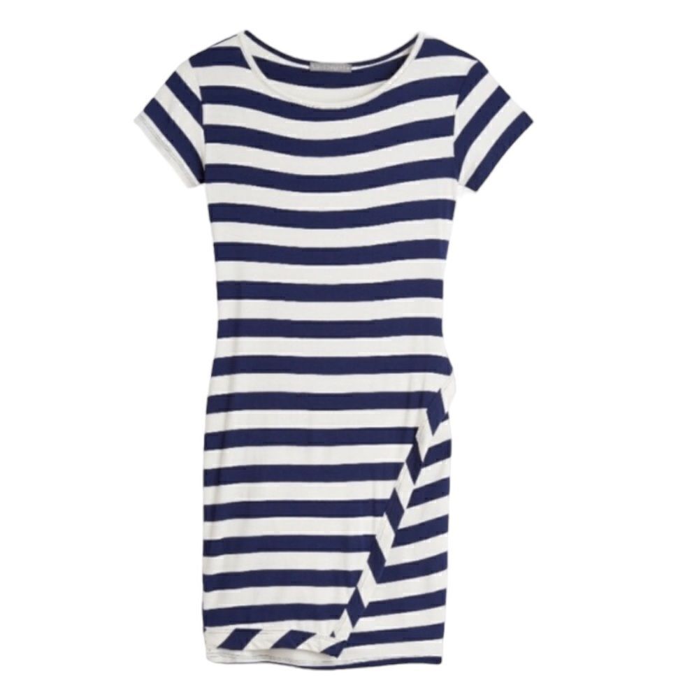 Loveappella Stitchfix Zola Navy White Stripe Faux Wrap Short Sleeve Knit Dress